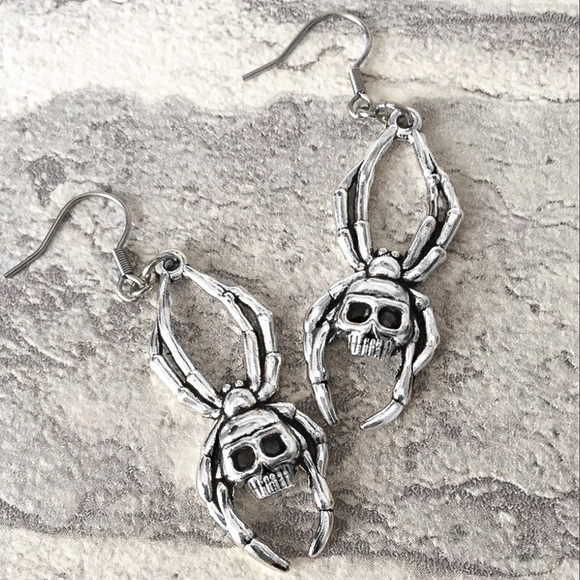 Any 3/$25! Silver Skull Spider Drop Earrings - Picture 3 of 7